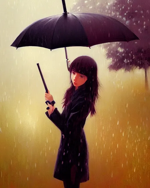 Image similar to A ultradetailed beautiful portrait panting of a stylish girl with an umbrella, rainy day, Oil painting, by Ilya Kuvshinov, Greg Rutkowski and Makoto Shinkai