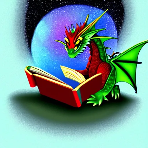 Prompt: dragon reading a book underneath the stars, digital art