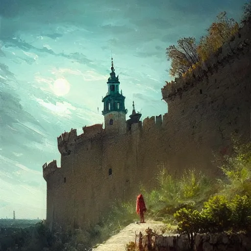 Prompt: greg rutkowski painting of an island floating in the air above a barren wasteland, there is no connection between the island and the ground, on the island there is a cracow wawel castle and a lot of green vegetation, beautiful, detailed