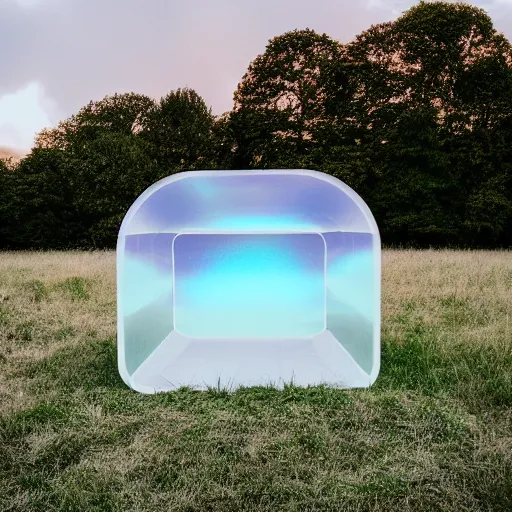 Image similar to a pastel coloured Polaroid photo of a minimalist sunbed made of transparent iridescent perspex stood in a field, beams of light, nostalgic