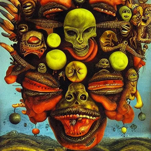 Prompt: album cover, aliens, black, white, orange, psychedelic, giuseppe arcimboldo