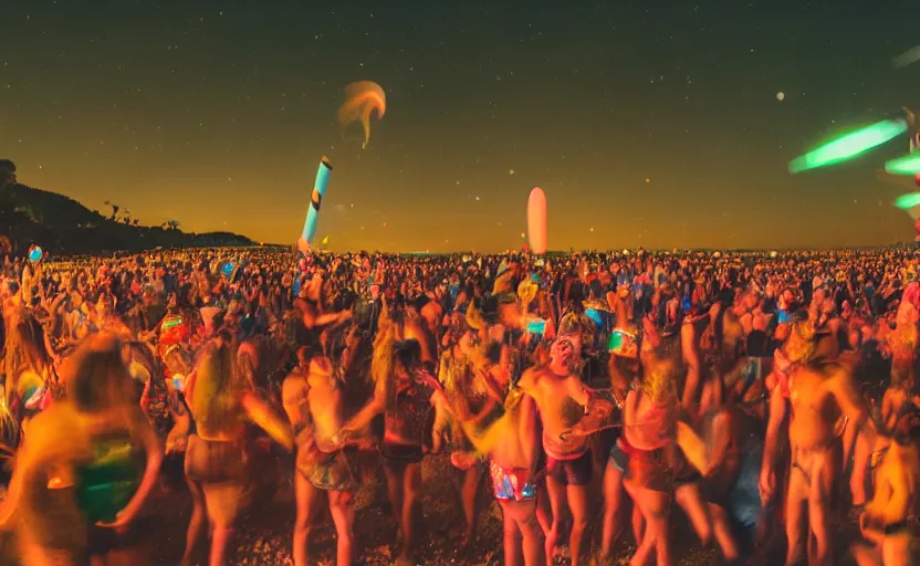 Image similar to long exposure photography of a crowd of muppets having a crazy party at the beach,