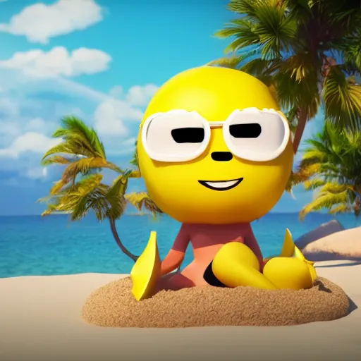 Image similar to a super cute cartoon network lemon character, it's is relaxing on a beach, by dalle - 2, octane render, 3 d, volumetric lightening,