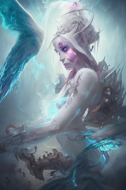 Image similar to beautiful girl necromancer full of sculls, wizard of the coast casting magic spell, angel, magic storm and thunder clouds, scifi, fantasy, magic the gathering, hyper detailed, octane render, concept art, 3 d render, hyper realistic detailed portrait, peter mohrbacher, wlop