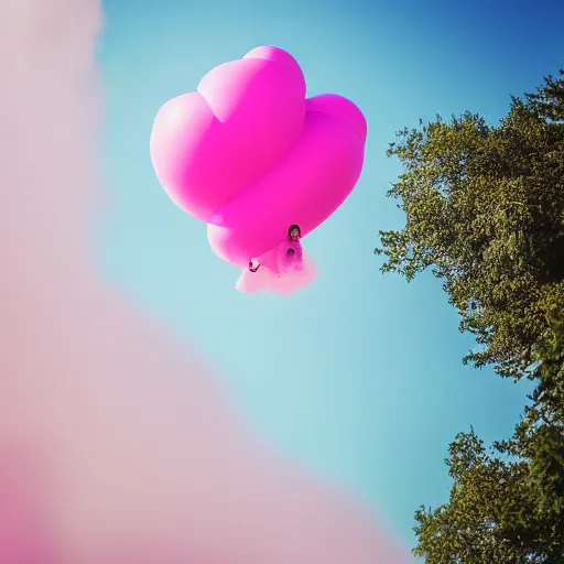 Image similar to a 5 0 mm lens photograph of a cute pink floating modern house, floating in the air between clouds, inspired by the movie up, held up from above by heart ballons. mist, playful composition canon, nikon, award winning, photo of the year