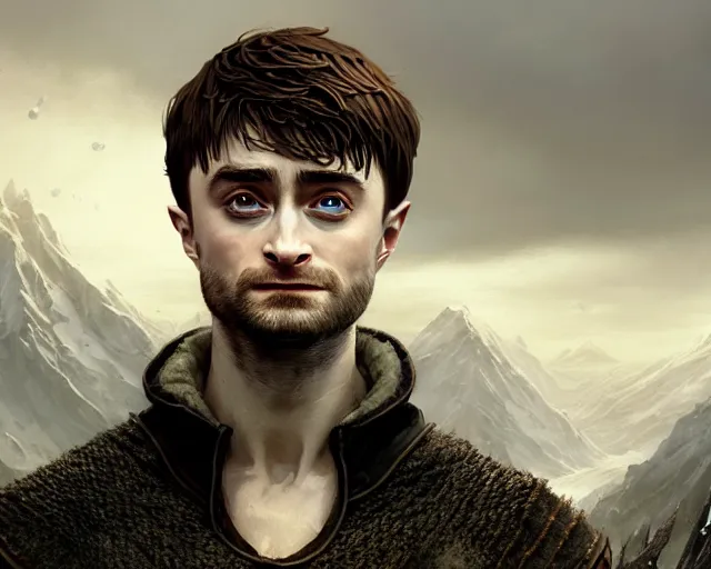 Image similar to highly detailed portrait of daniel radcliffe as a fantasy bald elf, in skyrim, stephen bliss, unreal engine, fantasy art by greg rutkowski, loish, rhads, ferdinand knab, makoto shinkai and lois van baarle, ilya kuvshinov, rossdraws, tom bagshaw, global illumination, radiant light, detailed and intricate environment