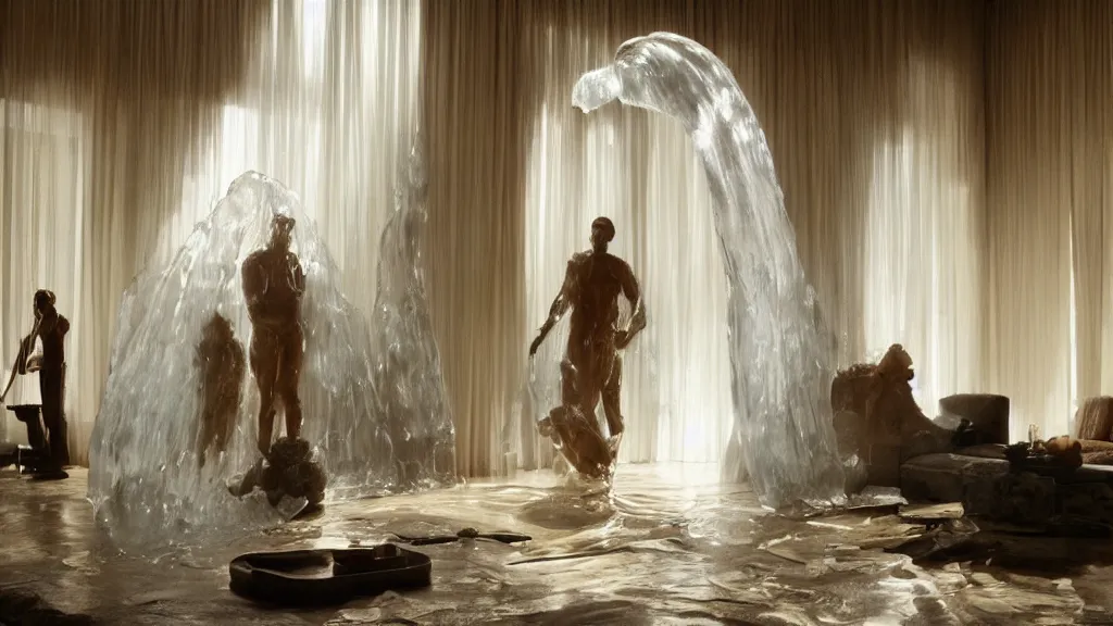 Image similar to a giant hand made of wax and water floats through the living room, film still from the movie directed by Denis Villeneuve with art direction by Salvador Dalí, wide lens