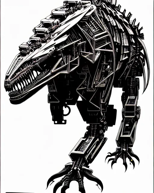 Image similar to a cyberpunk intricate mechanical robot t - rex dinosaur, transformer, high details, symmetry, bold line art, by vincent di fate and joe fenton, inking, etching, screen print, masterpiece, character concept art, trending on artstation, sharp, high contrast, hyper detailed,, hd, 4 k, 8 k