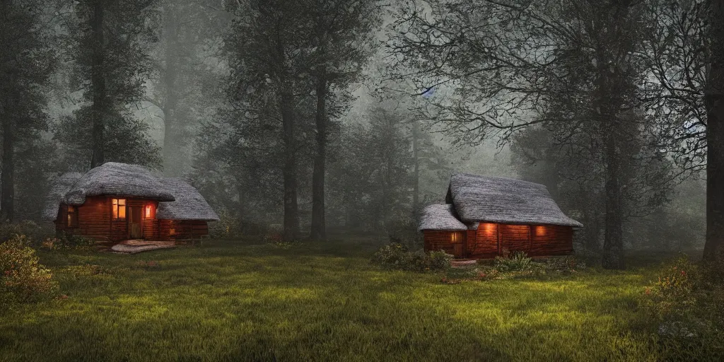 Image similar to lone cottage in the woods, 8k, fantasy, photorealistic, dramatic lighting