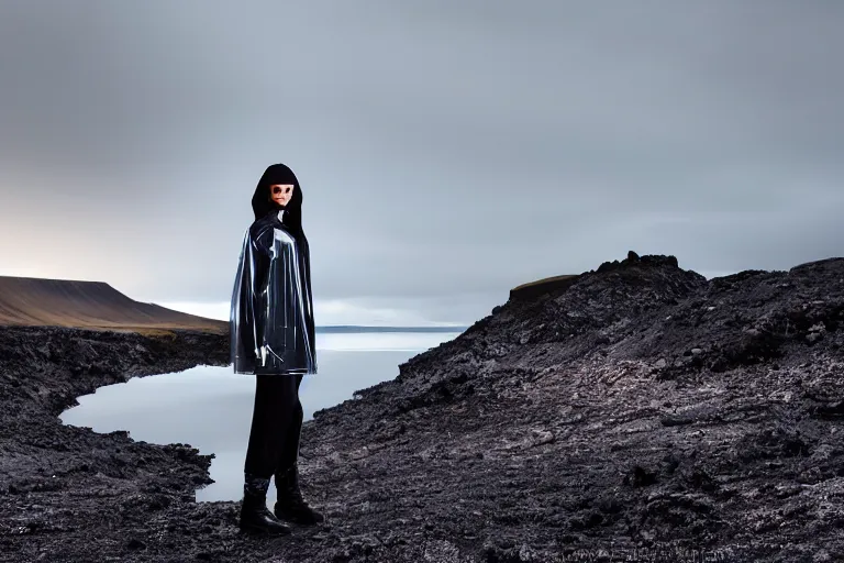 Image similar to an ultra high definition professional high fashion portrait studio full length photograph of a model wearing a transparent pearlescent raincoat and neon visor in an icelandic black rock environment at dawn. no artefacts. extremely detailed. stark. shallow depth of field. volumetric light and shadow. ray tracing. light ray.