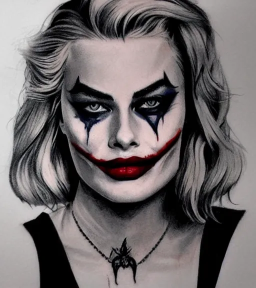 Image similar to tattoo design sketch of beautiful margot robbie portrait with joker makeup, in the style of den yakovlev, realistic face, black and white, realism tattoo, hyper realistic, highly detailed