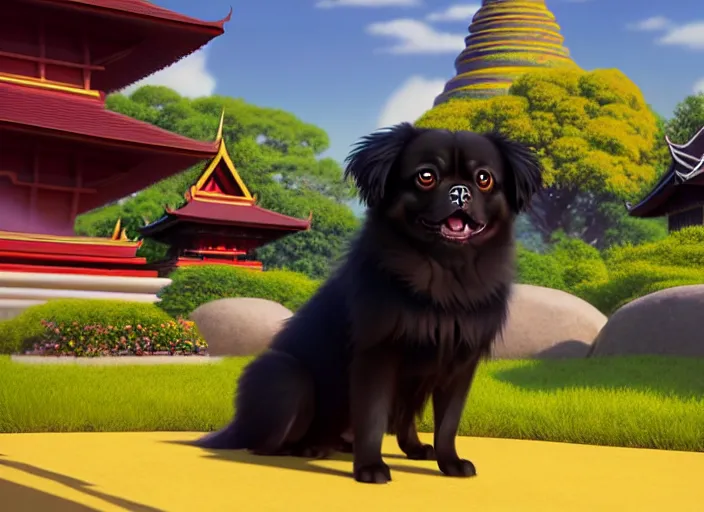 Image similar to a wholesome animation key shot of a black tibetan spaniel, thai temple in the background, studio ghibli, pixar and disney animation, sharp, rendered in unreal engine 5, anime key art by greg rutkowski, bloom, dramatic lighting