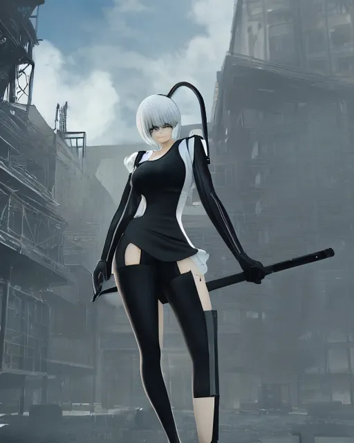 Image similar to 2B from Nier Automata and with slender body type standing in front of a large building holding a rifle, cartoon illustration, 8k