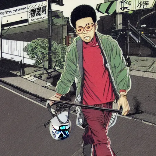 Image similar to illustration by katsuhiro otomo, black man with afro hair, stubble, wearing an adidas army green jacket, in the streets of tokyo, akira style, by katsuhiro otomo