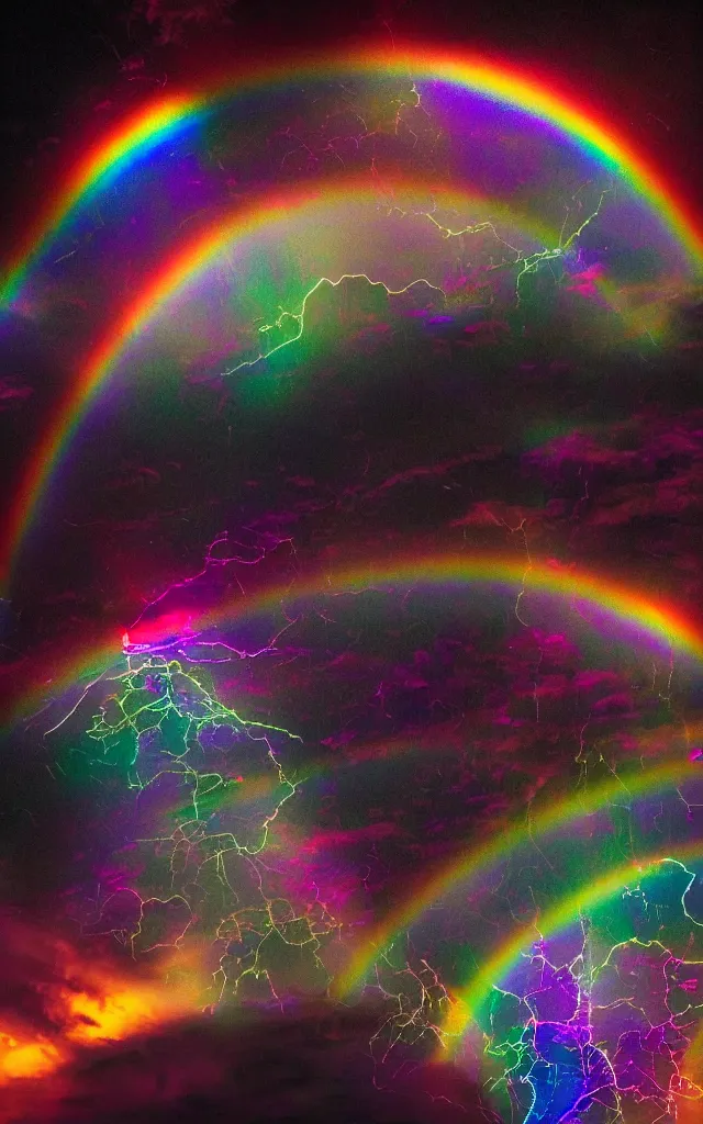 Image similar to dark night stormcloud, intricated multiple rainbows with emoji shapes, light gleams and beams photography