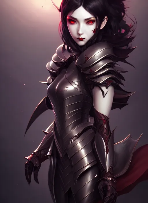 Image similar to full plate armor!!! beautiful and elegant dark hair female vampire!! gorgeous ayes!! character concept art, sharp focus, octane render! unreal engine 5! highly rendered!! trending on artstation!! detailed linework!! illustration by artgerm, wlop, and chie yoshii