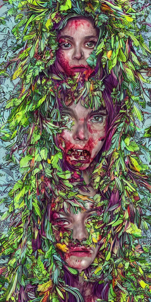 Prompt: portrait of a teenage zombie dissolving into foliage, botanicals, fruit and feathers, highly detailed, dynamic lighting, vivid colors, ambient glow, fantasy art, in the style of arimboldo, cartoonish, whimsical