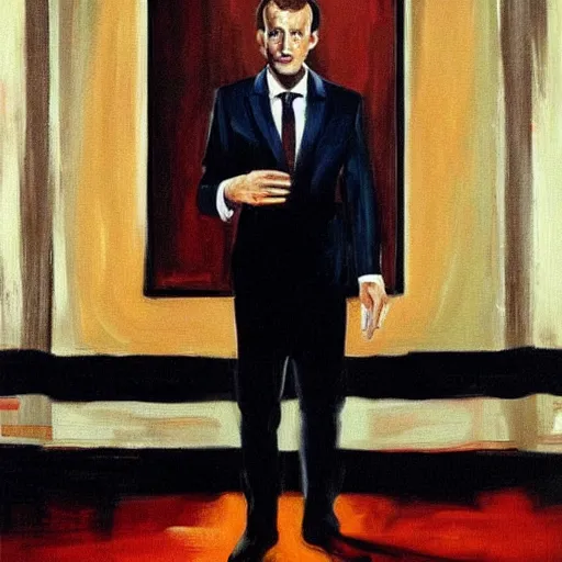 Image similar to highly realistic painting of Emmanuel Macron in American Psycho (1999)