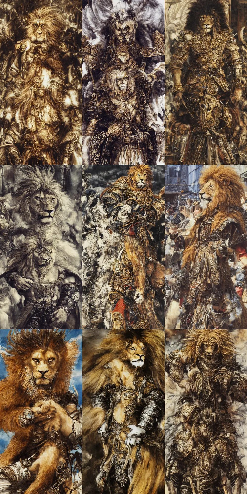 Image similar to 8 k yoshitaka amano painting of upper body of a young cool looking lion beastman with white mane at a medieval market at windy day. depth of field. he is wearing complex fantasy clothing. he has huge paws. renaissance style lighting.