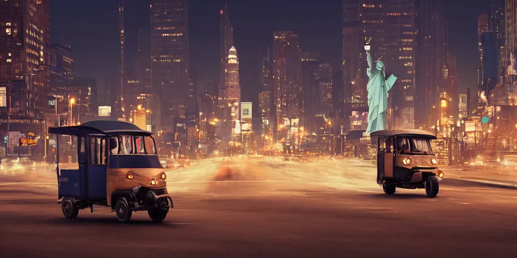 Prompt: a tuk tuk walking through a desolate manhattan city street at night statue of liberty seen in the background realistic 4 k octane beautiful