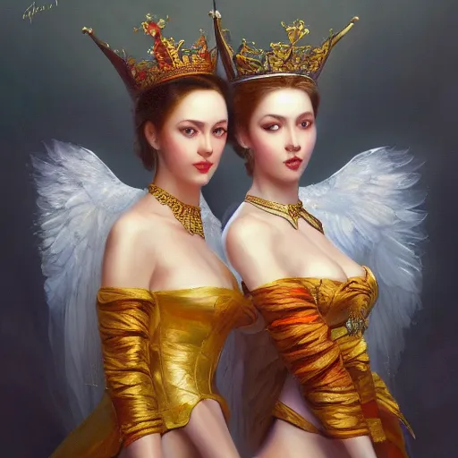 Image similar to two queens in illegal marriage, high vertical symmetry, photorealistic oil painting, beautiful, oil, vintage shading by Artgerm and ilya repin, artstation