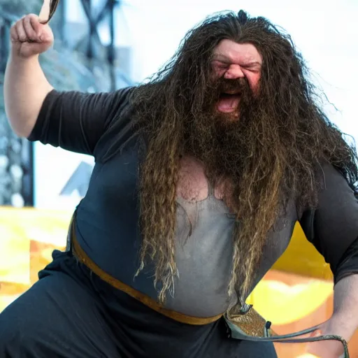 Prompt: Action shot of Hagrid as American Ninja Warrior Contestant