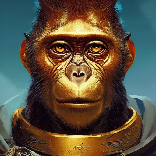 Prompt: a golden face monkey warrior with a black diamond in his forehead, Apex Legends character, digital illustration portrait design, by android jones and greg rutkowski, retrowave color scheme, detailed, cinematic lighting, wide angle action dynamic portrait