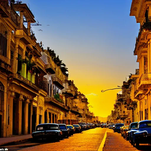 Prompt: Neo-Baroque painting of streets of Havana, Cuba, beautiful, diverse, golden hour