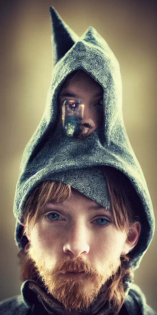 Prompt: portrait of a mysterious wizard with a Hood, bright eyes, fantasy, photorealistic, bokeh, magic lights, cinematic