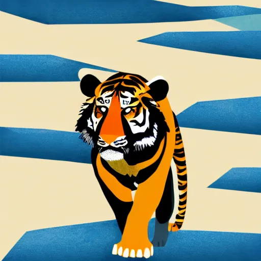 Prompt: tiger walking with backdrop showing the sky, palm tres. the tiger has sharp claws and teeth. in minimal colourful geometric illustration style