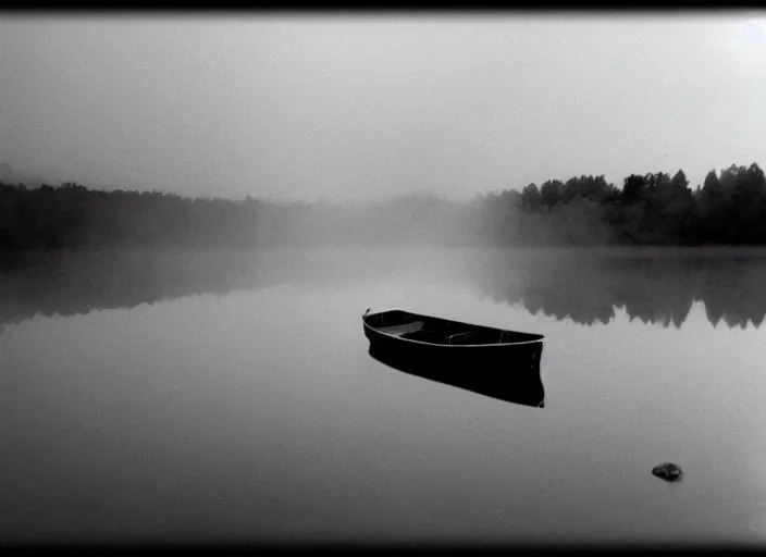 Image similar to slenderman, boat, mist, lomography photo effect, monochrome, noise grain film