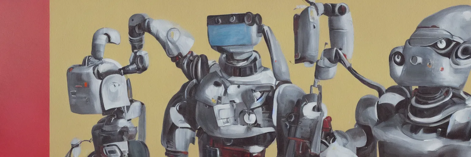 Prompt: A painting of a robot painting a self-portrait