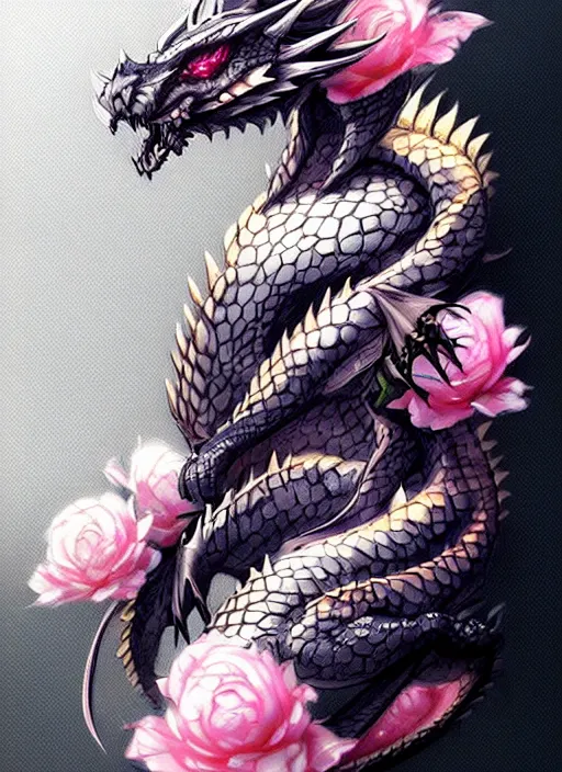 Image similar to cute small dragon, dark, black white, blue, pink and gold color scheme, flowers, cool, highly detailed, artgerm, cushart krenz, artstation, soft light, sharp focus, illustration, character design, concept art