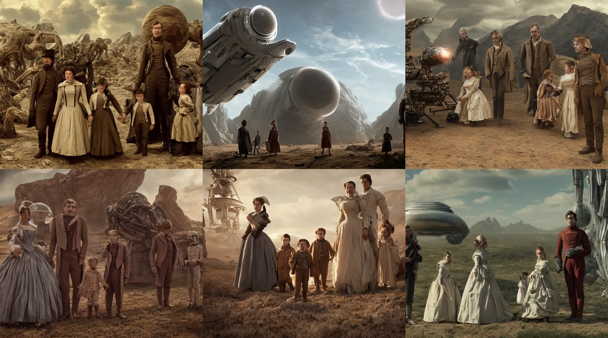 Prompt: detailed, sharp, still from a sci fi movie made in 2022, set in 1860, of a family leaving a spaceship, that has just landed on an alien planet, wearing 1850s era clothes, cinematic lighting, 4k, HD