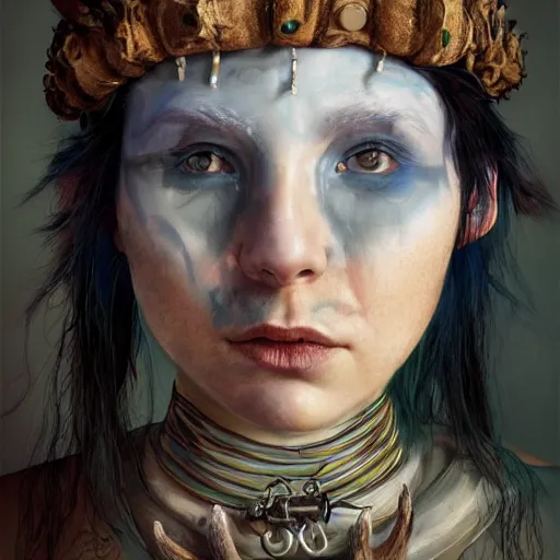 Image similar to A young female shaman, blue hair and antlers on her head, blindfolded, heilung, in the style of Heather Theurer, headshot photoshoot, artstation, made by karol bak