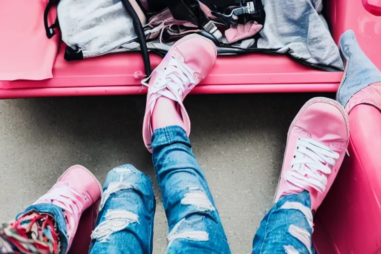 Image similar to First person view of someone laying in an ambulance with ripped jeans and pink shoes