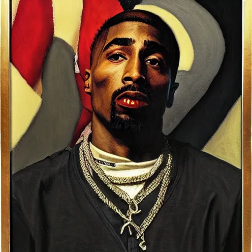 Image similar to a portrait painting of Tupac shakur. Painted by Norman Rockwell