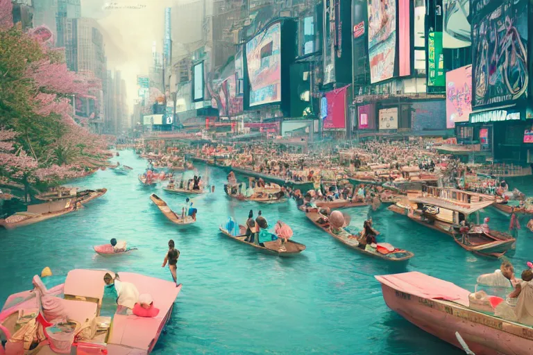 Prompt: floating markets of times square river in kyoto kamo turquoise and pink river during sakura season on thermal waters flowing down white travertine terraces during interstellar aurora borealis, gold waterfalls, vendors, festivals, fun, by peter mohrbacher, james jean, james gilleard, greg rutkowski, vincent di fate, rule of thirds, octane render, beautiful landscape