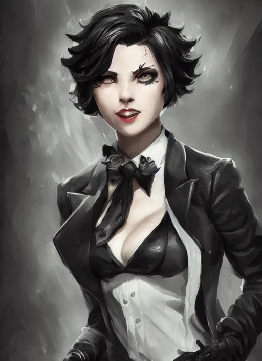 Image similar to a highly detailed illustration of beautiful short black messy haired woman wearing eyepatch!!! and noir style suit and tie, dramatic smiling pose, intricate, elegant, highly detailed, centered, digital painting, artstation, concept art, smooth, sharp focus, league of legends concept art, WLOP