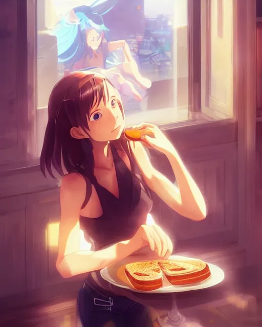 Prompt: a girl eating a slice of toast, full shot, atmospheric lighting, detailed face, one piece style, by makoto shinkai, stanley artgerm lau, wlop, rossdraws