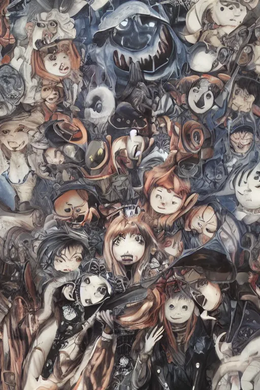 Image similar to spooky and creepypasta halloween night, symmetrical face, anime style, scenery wallpaper aesthetic, cinematic, dramatic, super detailed and intricate, hyper realistic, 4 k render, by artgerm, by kyoung hwan kim, by ralph mcquarrie, by yoshiyuki tomino