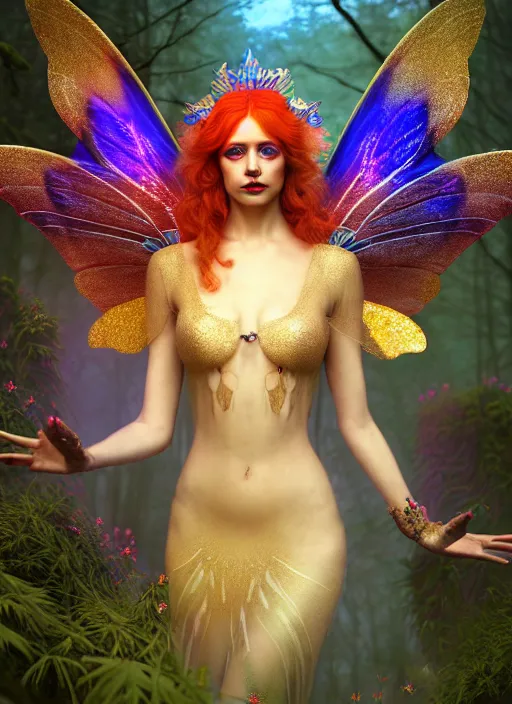 Image similar to stunningly beautiful female faerie priestess in amanita muscaria forest landscape, symmetrical wings on back, neon hair, fantasy art, wearing a dress of gossamer gold, inner glow, illustration, dramatic lighting, soft details, painting, art nouveau, octane render, 8 k, hd, by edmund blair leighton, brom, charlie bowater, faces by otto schmidt