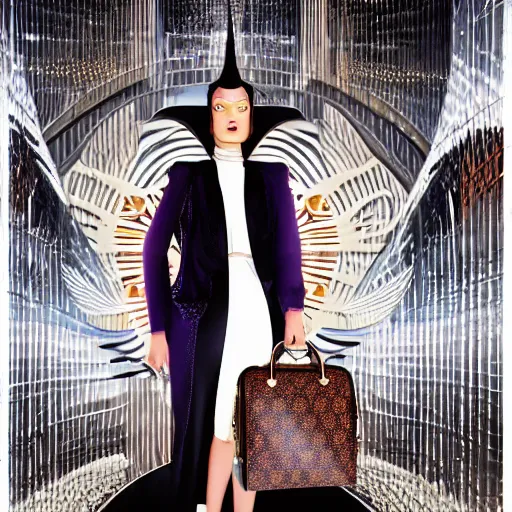 Image similar to a luxury handbag in year 3000, art-deco style, in entrance hall of an art-deco skyscaper, photography , official vuitton editorial , highly detailed