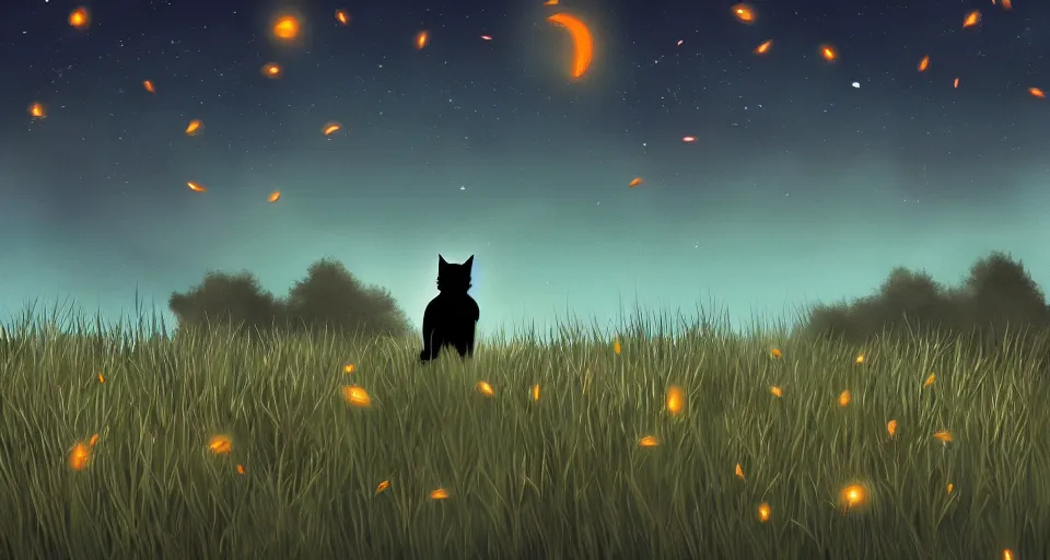 Prompt: black cat walking around in an open field at night with fireflies in the air and lots of stars in the sky, digital art, magical, trending on artstation