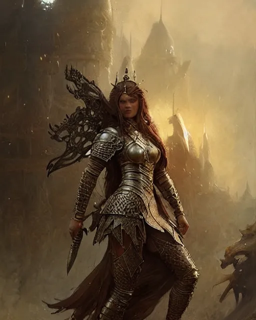 Image similar to a fierce warrior princess in full armor, fantasy character portrait, ultra realistic, concept art, intricate details, highly detailed by greg rutkowski, gaston bussiere, craig mullins, simon bisley