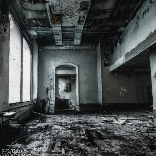 Image similar to photograph of the interior abandoned soviet research lab, weird humanoid monster in the background, liminal space, rundown, backrooms, fluorescent lights, surreal ambiance, film grain, polaroid, brutalist, artstation