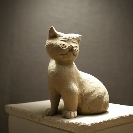Image similar to close - up museum photo of an ancient limestone clay statue of a cute cat, with letter ה!!! on its head, clay, hebrew, israel, studio lighting, professional, promo,