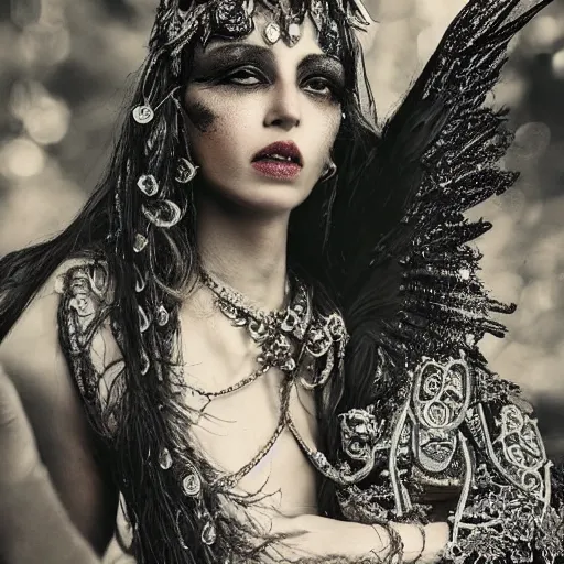 Prompt: beautiful woman mysterious oracle, incredible detailed, insanely ornamented with baroque silver decorations, embers, black feathers ornaments, fairy tale atmosphere, fashion vogue photo, cold colour scheme, peter lindbergh photo style,