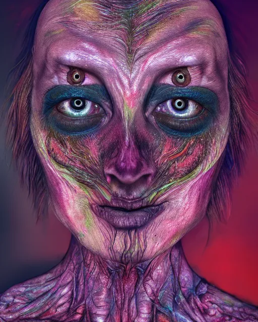 Image similar to realistic portrait of a creature experiment gone wrong, psychedelic, dark art, facing camera, photo realistic, detailed, 1 4 5 0, delicate, hyper realism, ultra realistic, 8 k