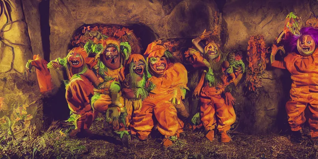 Image similar to photo of oompa loompas, creepy!!!, scaly!!!, gritty!!!, menacing!!!, evil, ultra realistic, gritty, outside of chocolate factory, golden hour, volumetric lighting, sharp focus